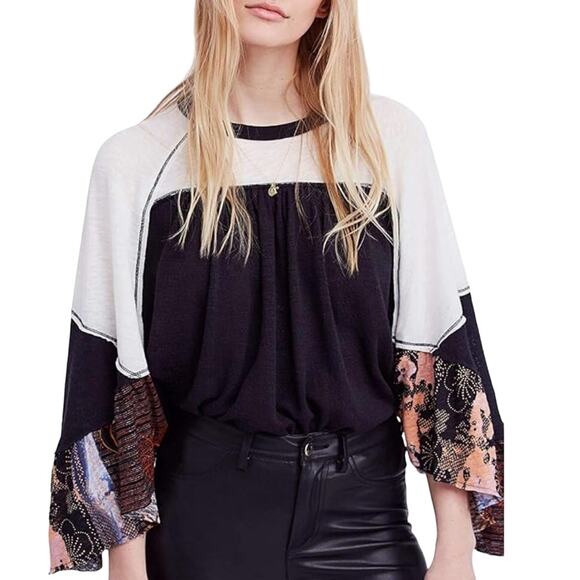 Free People XS Oversized Friday Fever Pullover Blouse Colorblock Kimono Sleeve - Picture 1 of 8